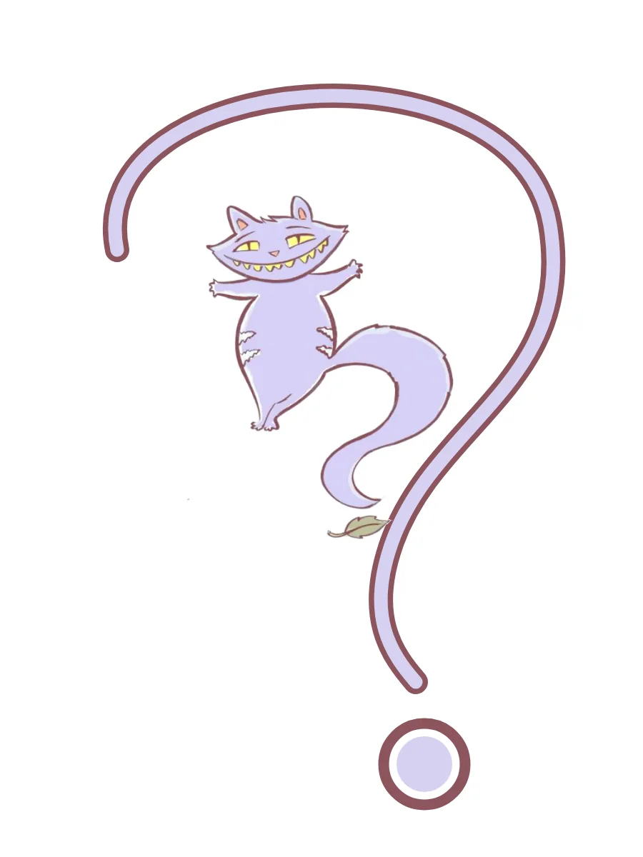 Ilustração original do gato da Corposofia dentro de um ponto de interrogação